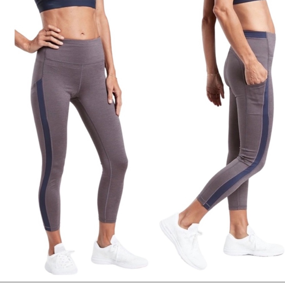 Athleta Ultimate Stash Pocket 7/8 Tight Purple Navy Side Stripe Heather Leggings